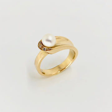 Bague toboggan en or jaune, perle de culture et diamants